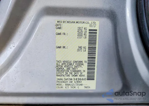 2017 Nissan Altima 2.5 S z USA, uszkodzony, nr VIN 1N4AL3AP2HN349660